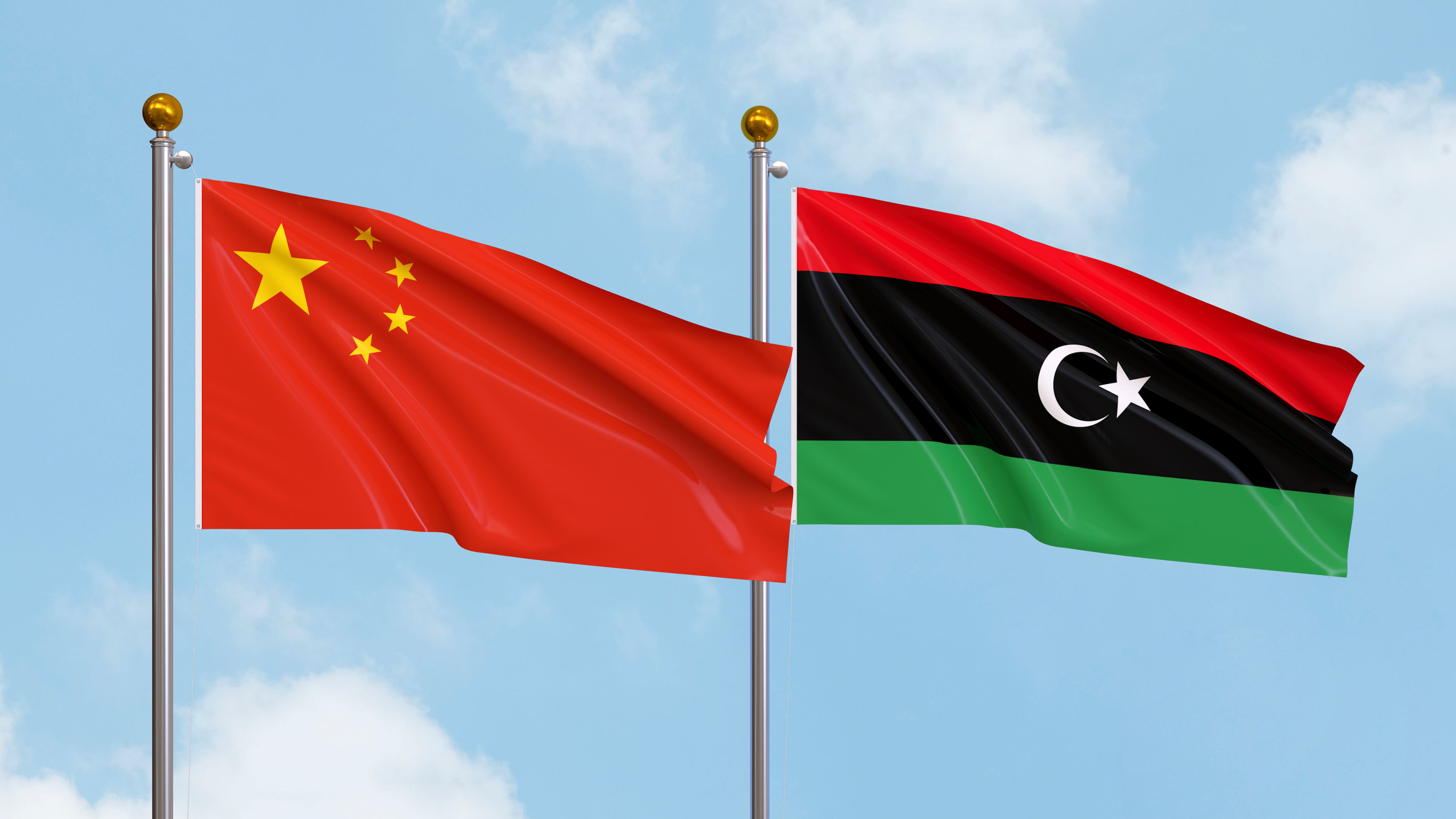 China and Libya Flag waving in the sky